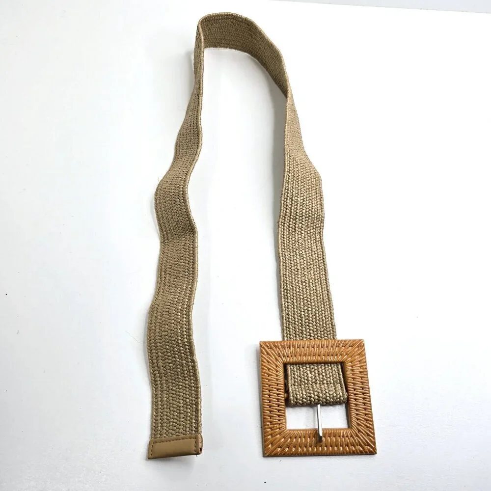 Women's Boho Beach Brown Beige Woven Elastic Straw Like Elastic Big Buckle Belt